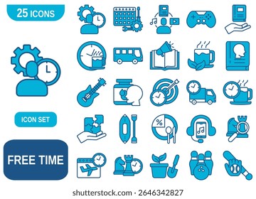 A vector illustration showcasing a collection of 25 icon set. This set is perfect for illustrating concepts related to recreation, hobbies, entertainment, and work-life balance.
