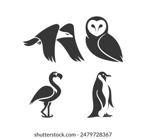 Ilustración vectorial Que Muestra Una Colección De Íconos De Pájaro, Incluyendo Un Flamenco, Pingüino, Águila Y Silueta De Búho Negro