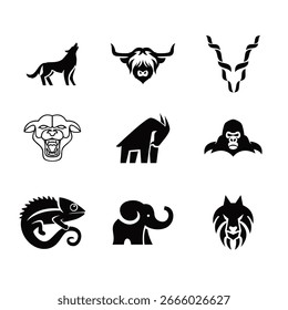 Ilustración vectorial que muestra una colección de siluetas de animales llamativas en negro sobre un fondo blanco limpio, ideal para diseños de logotipos, Elementos de marca o recursos educativos.