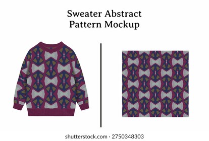 Vector illustration showcasing a colorful abstract knitted pattern applied to a stylish winter sweater mockup.