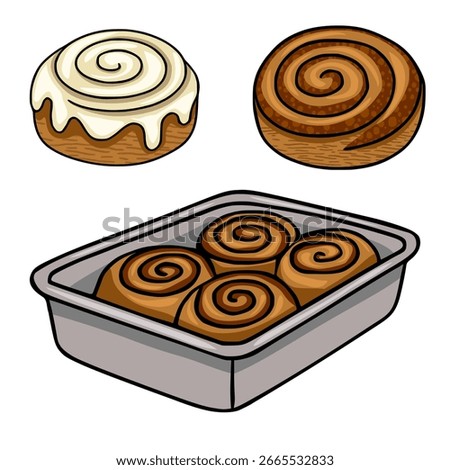 A vector illustration showcasing delicious cinnamon rolls, both individually and in a baking pan, featuring detailed swirls and rich brown and cream colors, perfect for bakery menus or sweet treat...