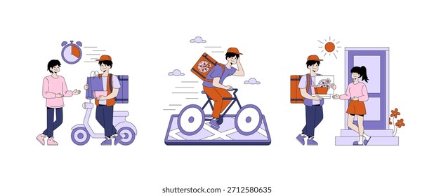 Vector illustration showcasing delivery couriers on scooters and bicycles completing deliveries. Includes interactions with customers at doors and efficient movement through city environments.