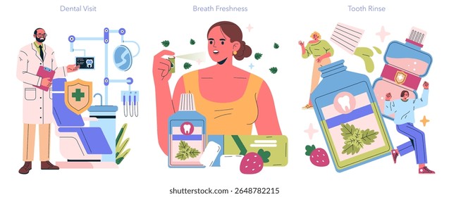 Vector illustration showcasing a dentist consultation, a person using breath freshener, and large tooth rinse bottles with cheerful individuals. Highlights dental care practices and hygiene.