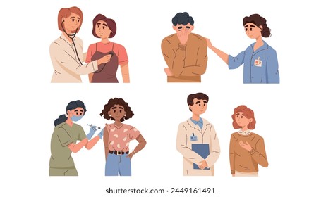 Una Ilustración vectorial que muestra diferentes escenarios de salud con doctores y pacientes, sobre un fondo sencillo, concepto médico. Ilustración vectorial