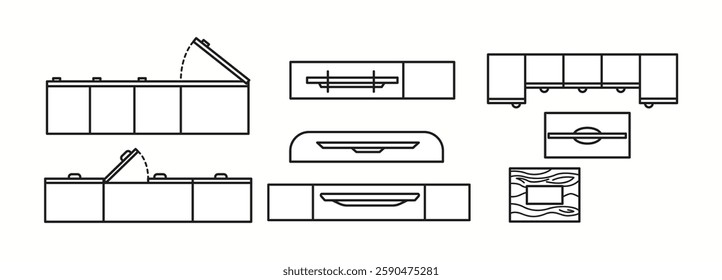 Vector illustration showcasing different modular storage and cabinet designs in top view. Ideal for furniture planning, home organization, and interior layouts.