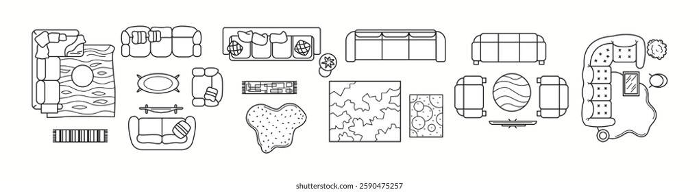 Vector illustration showcasing different sofa and living room furniture designs seen from the top. Ideal for interior layouts and home planning.