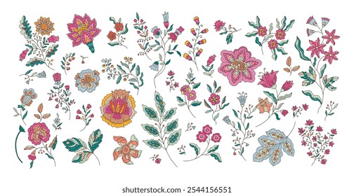 A vector illustration showcasing a diverse collection of artistic floral elements with intricate details and various flower types, isolated on a white background. Perfect for design projects prints.