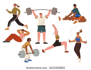 Vector illustration showcasing diverse individuals performing various fitness activities like running, weightlifting, yoga, and jumping rope, highlighting motivation and health