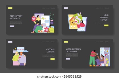 Vector illustration showcasing diverse people engaging in peer support and long-distance communication through digital platforms. Expressions depict empathy, care, and connection.
