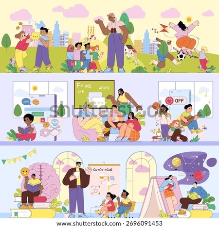 Vector illustration showcasing diverse people engaging in outdoor sports, group discussions, and educational sessions in a vibrant park setting. Emphasis on social interaction and teamwork.