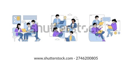 Vector illustration showcasing diverse team collaboration. Individuals engage in teamwork on laptops, participating in video calls and discussions, using technology for efficient communication.