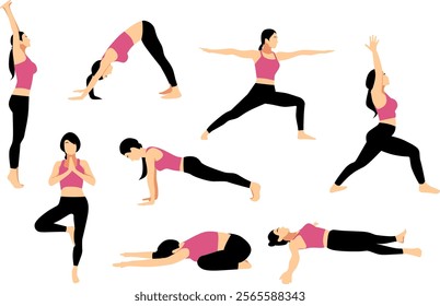 Vector illustration showcasing eight yoga poses: Tadasana, Adho Mukha Svanasana, Utthita Chaturanga Dandasana, Virabhadrasana I, Virabhadrasana II, Vrikshasana, Balasana, and Savasana.