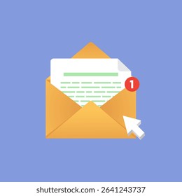 Vector illustration showcasing an envelope with a new message notification and white cursor.