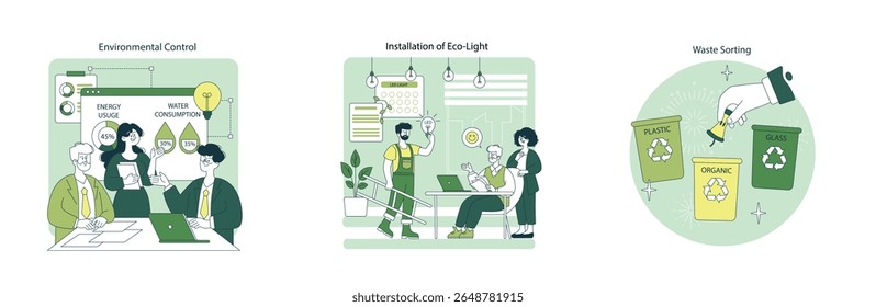 Ilustração vetorial mostrando controle ambiental, instalação de ecoiluminação e triagem de resíduos com lixeiras. Enfatiza práticas sustentáveis e eficiência energética em iniciativas ecológicas.