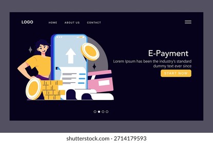 Ilustración vectorial que muestra el pago electrónico y las transacciones en línea. Una persona interactúa con un teléfono inteligente que muestra iconos financieros como monedas y tarjetas de crédito, destacando los conceptos de finanzas digitales.