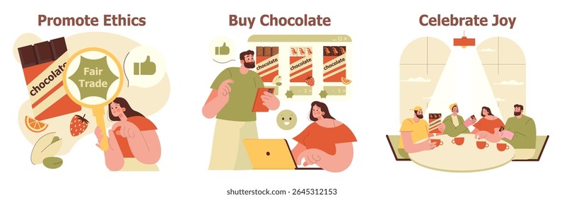 Vector illustration showcasing ethical chocolate promotion, purchasing choices, and joyful celebration. Highlights fair trade awareness, consumer decisions, and shared moments of happiness.