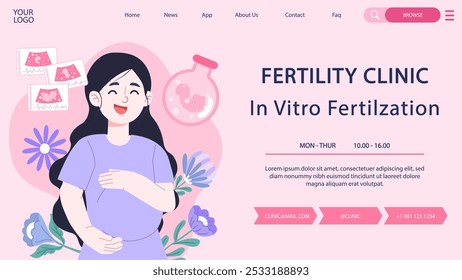 Uma ilustração vetorial mostrando a interface do site de uma clínica de fertilidade com foco na fertilização in vitro e apresenta um tema de carinho.