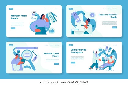Vector illustration showcasing four dental care concepts, including fresh breath maintenance, natural teeth preservation, tooth decay prevention, and fluoride toothpaste usage.