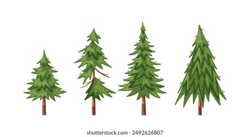 Vector Illustration Showcasing Four Different Types Of Lush Green Pine Trees Perfect For Nature Concepts, Holiday Themes