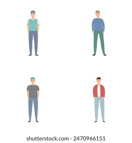 Vector illustration showcasing four diverse men standing in casual clothing styles, isolated on a white background