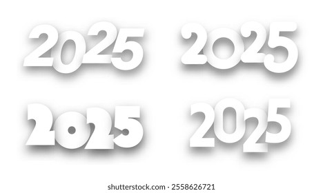 Vector illustration showcasing four minimalist 2025 numeral designs with shadow effects on a clean white background.