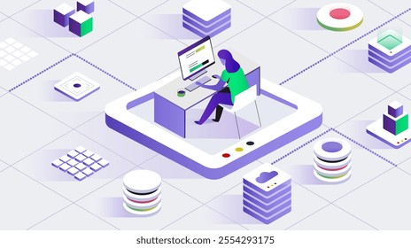 A vector illustration showcasing a futuristic workspace with digital connectivity. Features include a person working on a computer, data stacks, cloud storage, and geometric elements in vibrant colors
