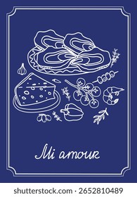 Vector illustration showcasing gourmet food elements on a blue background. Features cheese, shrimp, and fresh herbs, with elegant text Mi amour for a romantic touch.