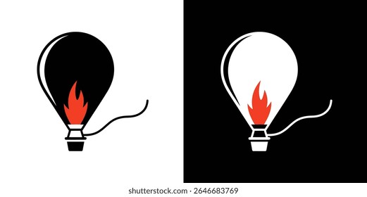 Vector illustration showcasing a hot air balloon graphic in black and white on contrasting backgrounds, featuring a vibrant red flame within the balloon's basket.