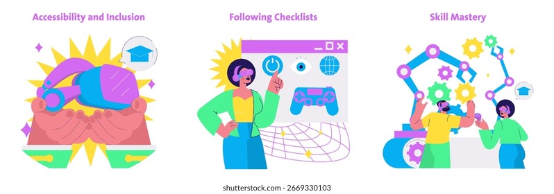 Ilustración vectorial que muestre educación inclusiva y desarrollo de habilidades. Los aspectos más destacados incluyen las manos sosteniendo herramientas de realidad virtual, una persona siguiendo una lista de verificación y la colaboración con habilidades robóticas.