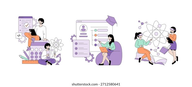 Vektorgrafik, in der Personen dargestellt werden, die sich mit digitalen Lernaktivitäten befassen. Szenen zeigen Programmierung, virtuelle Realität und wissenschaftliche Erforschung, wobei der Schwerpunkt auf der Bildungstechnologie liegt.