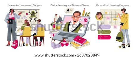 Vector illustration showcasing interactive learning through futuristic technology. Features students in dynamic classroom and online settings, emphasizing customized and distance education.