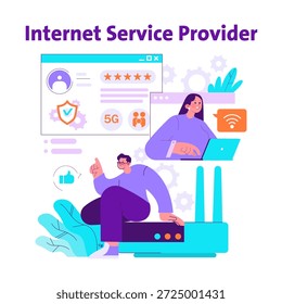Ilustração vetorial mostrando um provedor de serviços de internet com interação do usuário em dispositivos digitais. Os recursos incluem classificações, segurança, 5G e representações positivas da experiência do usuário.
