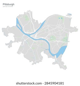 Vector illustration showcasing the intricate layout of Pittsburgh, Pennsylvania. Highlights include the Allegheny and Monongahela rivers, neighborhoods, and a network of streets.