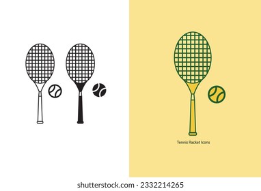 A vector illustration showcasing an isolated icon of crossed tennis rackets and a silhouette of a tennis ball, presented against a white background. The design incorporates a minimalistic and flat aes