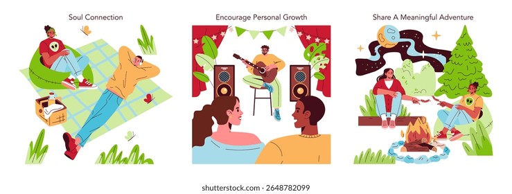 Vector illustration showcasing joyful outdoor activities. People relax on a picnic, enjoy live music, and share a campfire, expressing connection and happiness through shared experiences.