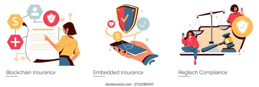 Ilustración vectorial que muestra conceptos clave de seguros como la integración de blockchain y el cumplimiento de regtech. Incluye gráficos simbólicos de Elementos financieros y legales que mejoran la seguridad digital.
