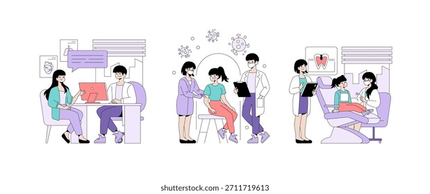 Ilustración vectorial que muestra escenas médicas en un entorno de atención médica. Incluye la consulta médico-paciente, la vacunación y el chequeo dental, que representa la atención profesional y la interacción.