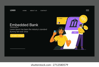 Vektorgrafik, die eine mobile Banking-App-Schnittstelle mit einer Frau zeigt, die ein Telefon hält, und einem Mann, der in der Nähe eines riesigen Bildschirms steht. Betont digitale Zahlungs- und Banktechnologie.