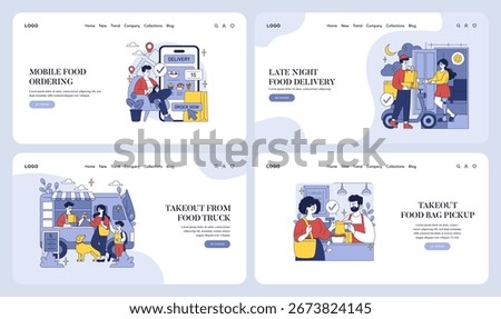 Vector illustration showcasing mobile food ordering, late night delivery, food truck takeout, and food bag pickup. People interacting with delivery services and enjoying meals.