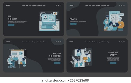 Vector illustration showcasing modern web page designs. Each page features different themes such as online interaction, fitness, editing, safety, and routine. Ideal for digital design.