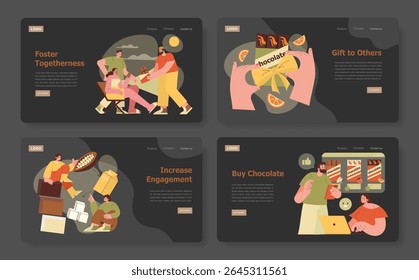 Vector illustration showcasing moments of family connection, hands exchanging chocolate, and a scene depicting engagement through online chocolate shopping. Emphasizes togetherness and gifting.