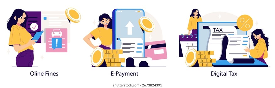 Ilustração vetorial mostrando transações financeiras on-line e processos fiscais digitais. Apresenta indivíduos interagindo com smartphones e documentos, enfatizando os conceitos de pagamento eletrônico e impostos.