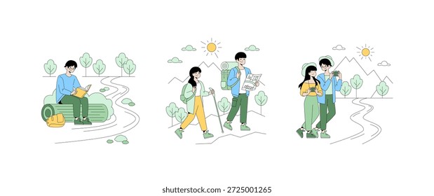 Ilustración vectorial mostrando actividades al aire libre con personas caminando, leyendo y fotografiando en la naturaleza. Representaciones claras de disfrutar de la naturaleza y la exploración al aire libre.