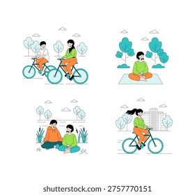 Vector illustration showcasing outdoor activities including cycling and yoga in a park. Includes scenes of people biking, meditating, and sitting in nature. Suitable for lifestyle design.