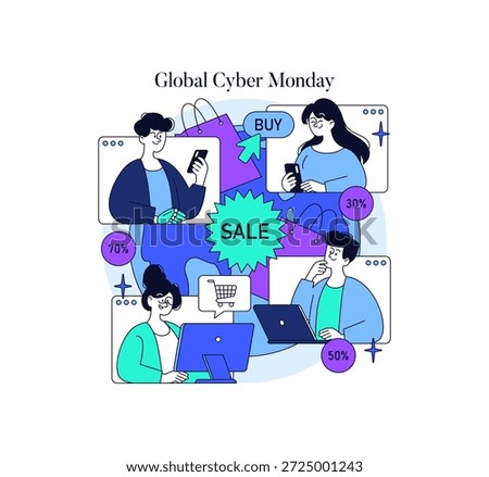 Vector illustration showcasing people shopping online during Global Cyber Monday. Characters engaged with devices, surrounded by sale icons and discount tags, highlighting the online shopping frenzy.