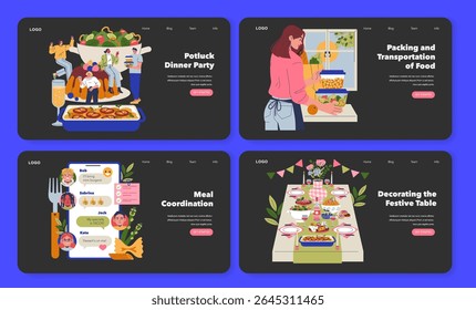 Ilustração vetorial mostrando um jantar de potluck com preparação colaborativa de alimentos, decoração de mesa e coordenação de refeições. As pessoas se envolvem em diferentes papéis, desde cozinhar até a configuração da mesa.
