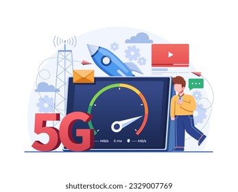 Ilustración vectorial que muestra el poder de la tecnología 5G con una prueba de velocidad, y cohete, que simboliza la conectividad rápida y las velocidades de transferencia de datos.