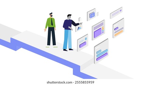 Vector illustration showcasing professionals exploring and collaborating on web designs, digital interfaces, and data-driven projects, emphasizing teamwork, technology, and innovation in a modern work