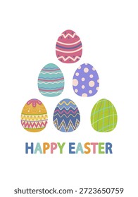 Vektorgrafik mit einer Pyramide aus sechs bunten Ostereiern mit verschiedenen Mustern und dem Text Happy Easter darunter. Ideal für festliche Grußkarten oder Urlaubsdesigns.