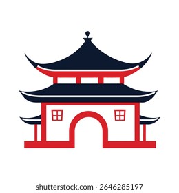 A vector illustration showcasing a red and dark blue Chinese pagoda entrance. The two-tiered structure with rounded arch and windows. Isolated on white.